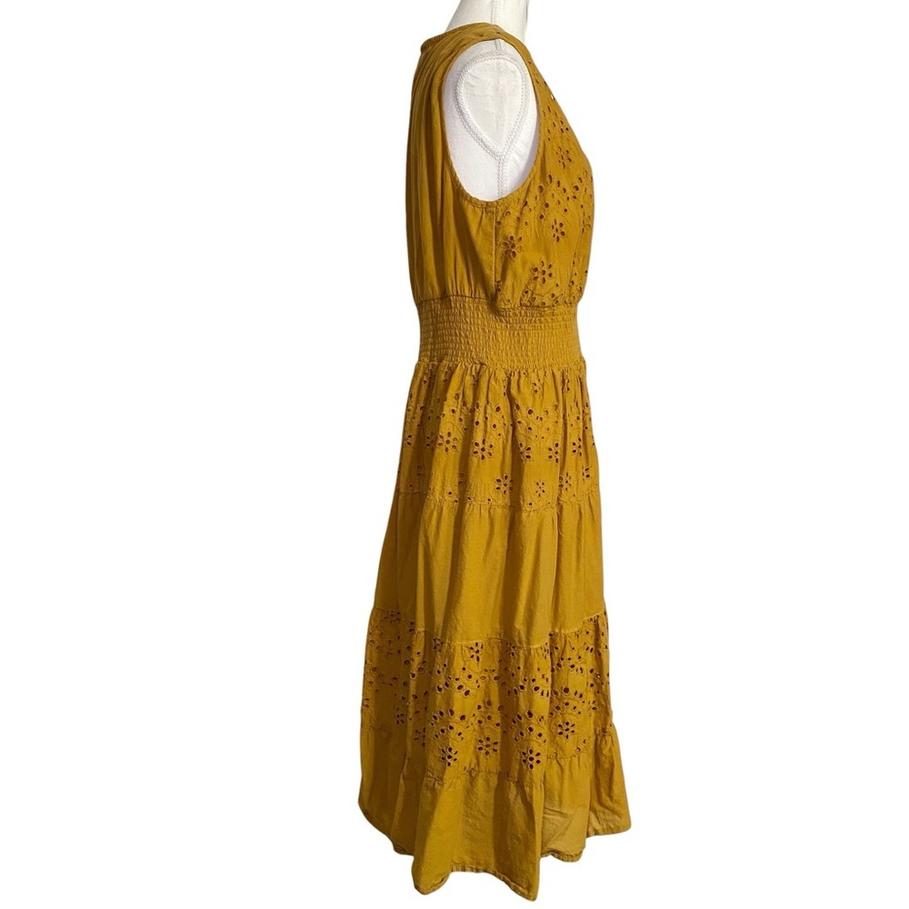 J Gee Mustard Yellow Boho Eyelet Tiered Midi Dress - Smocked Waist, V-Neck - Picture 3 of 16